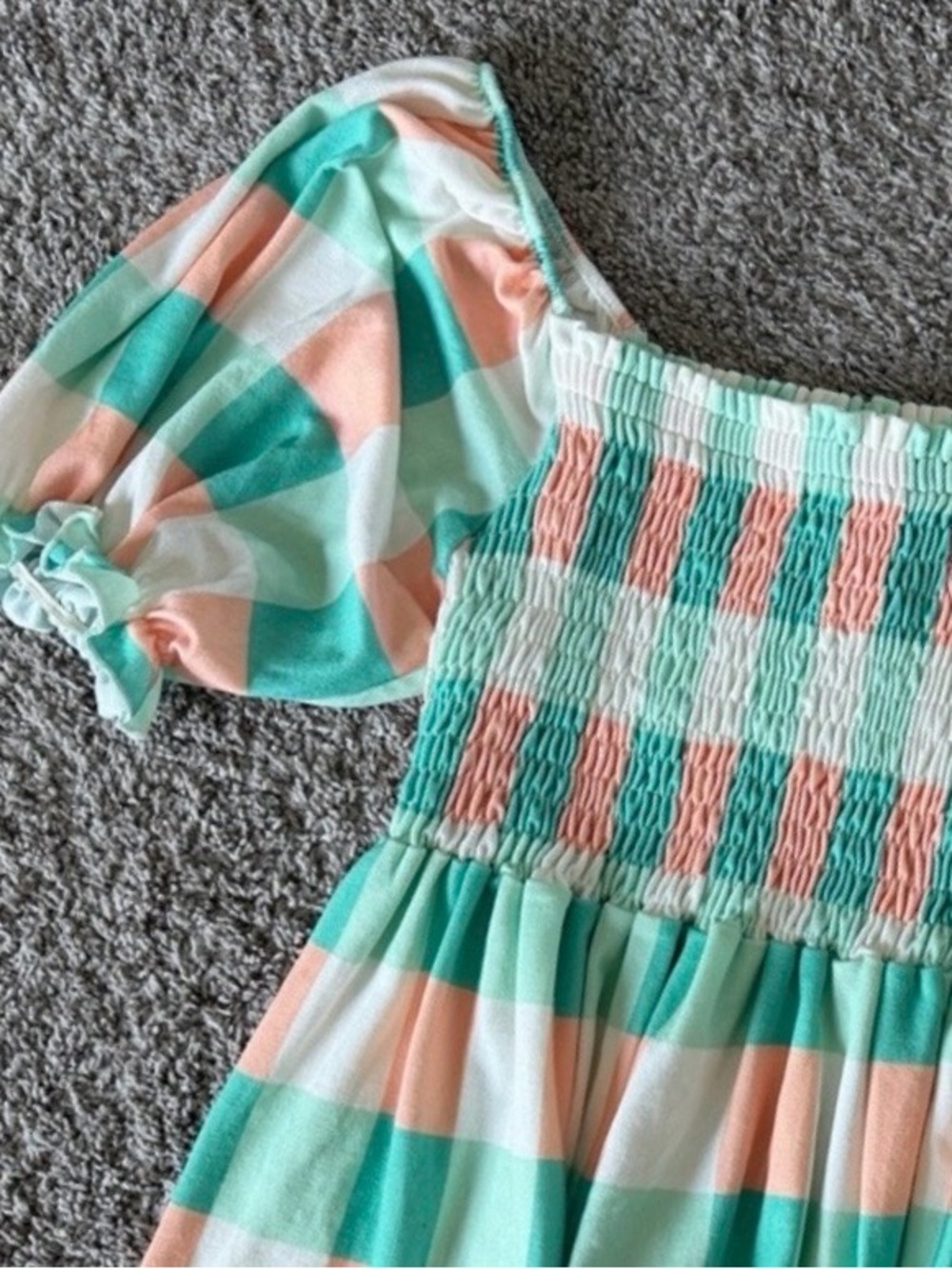 BiBi Mint and Peach Check Off-Shoulder Smocked Peasant Top